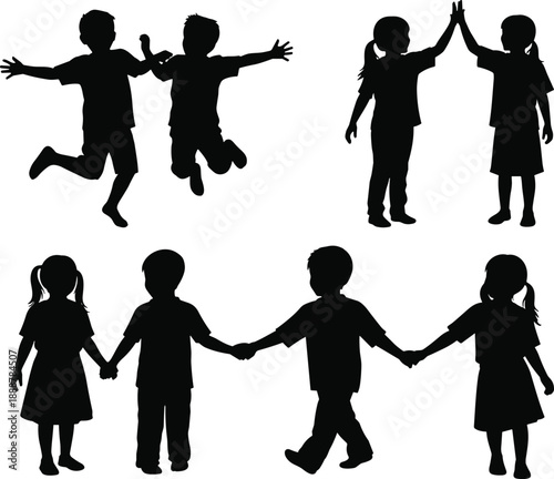 Children silhouette, playful interaction, holding hands, jumping kids, high five, walking group, social bonding, black vector, friendship theme, joyful motion