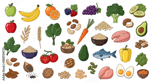 A collection of healthy and nutritious food items, including fruits, vegetables, grains, and proteins, offering a balanced diet for good health