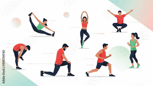 Group of people performing yoga and stretching exercises in a bright studio with a pastel background.