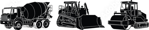 Construction vehicle silhouette set, black vector illustration, concrete mixer bulldozer road roller, heavy equipment machinery, civil engineering tools, flavector