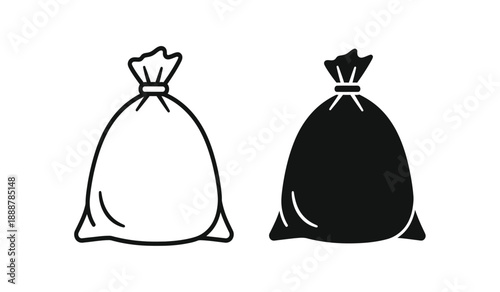 Two trash bags one black and one white in a simple line art style