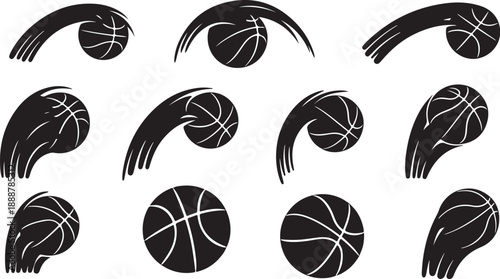 Black and white basketball icons and hands throwing balls