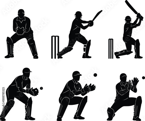 Cricket silhouette, batsman, wicketkeeper, fielder, catch pose, kneeling stance, black vector, sports action, game moment, flavector