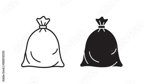 Two trash bags one black and one white in simple line art style