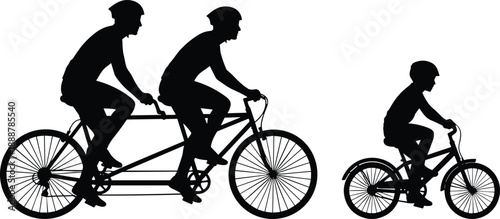 Cycling silhouette, tandem bike, child cyclist, helmet safety, black vector, outdoor activity, teamwork ride, family biking, flavector