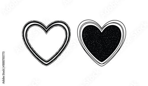 Two heart shapes in black and white with a double outline on a pure