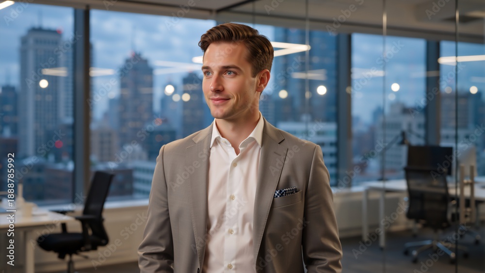 Obraz premium Young professional businessman in a grey suit standing in a modern office. Confident male executive with city skyline background at dusk. Corporate leadership and career success concept