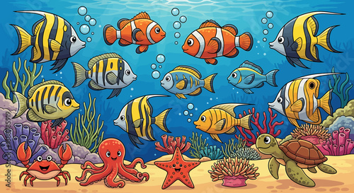 Colorful Underwater Scene with Diverse Marine Life, Coral Reefs, and Bubbles