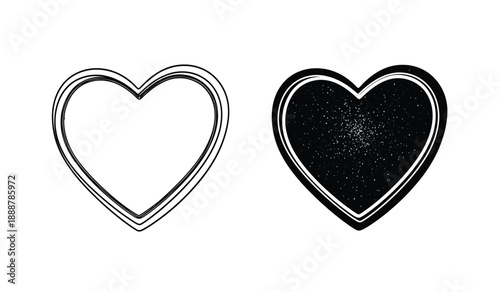 Black and white heart shapes with outline on isolated for love and valentines day concepts