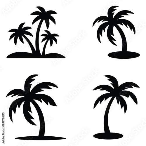 Four distinct black palm tree silhouettes on small land masses, isolated vector graphics