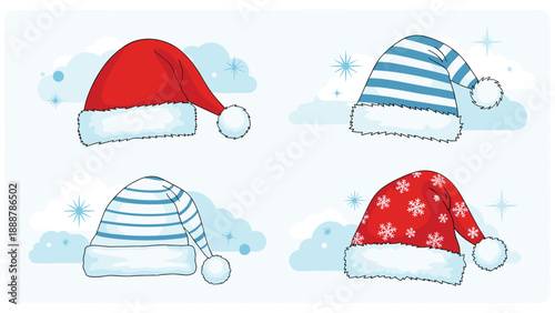 Set of four festive Santa Claus hats featuring different patterns like plain red, blue stripes, white stripes, and red with snowflakes.