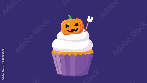 Festive Halloween cupcake with purple liner, white frosting, and a small carved pumpkin on top with a striped straw against a dark background.