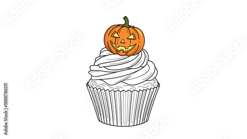 Detailed line art illustration of a delicious cupcake topped with a carved pumpkin jack-o-lantern for a Halloween coloring page activity.