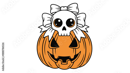 Decorative Halloween pumpkin with a carved face topped with a small skull decorated with white ribbons and bows on a white background.