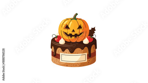 Delicious chocolate layer cake decorated with white frosting, red berries, and a carved pumpkin jack-o-lantern on top for a holiday party.