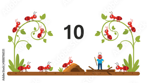 Educational illustration for the number ten featuring several red ants on vines and a person wearing an ant mask standing near an anthill.
