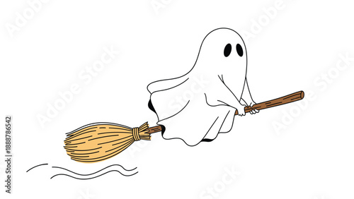 Cute cartoon ghost flying through the air on a wooden broomstick against a white background for halloween celebration and spooky holiday fun.