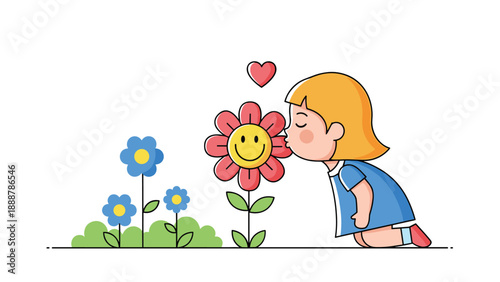 Sweet illustration of a young girl kneeling in a garden and kissing a large smiling red flower with a heart floating above her.