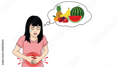 Young girl holding her stomach in pain while imagining various healthy fruits like watermelon, pineapple, and bananas.