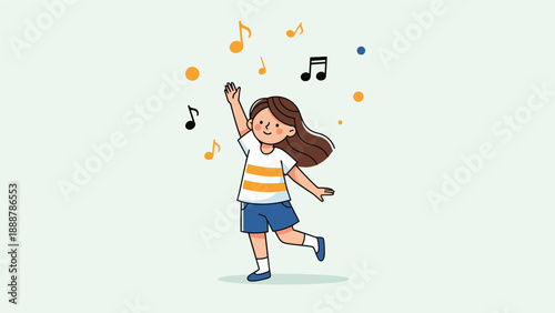 Happy young girl with long brown hair dancing and celebrating life while colorful musical notes float in the air around her.