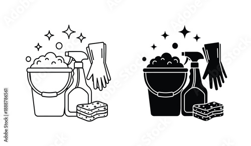 Black and white line art illustration of cleaning supplies including buckets, gloves, spray bottles, and sponges in two contrasting styles