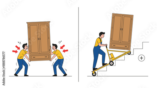 Safety demonstration comparing the risks of lifting heavy furniture manually versus using a mechanical dolly on stairs.