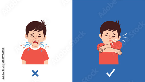 Health guide showing a boy sneezing incorrectly into his hands versus the proper technique of sneezing into his elbow.