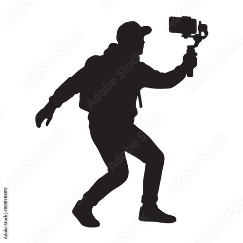 Traveler taking selfie in dynamic pose with camera on gimbal in black silhouette on white background for adventure tourism