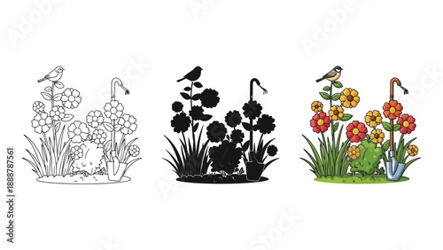 Set of three garden illustrations line art, silhouette and full color drawing of flowers, birds, and a watering can