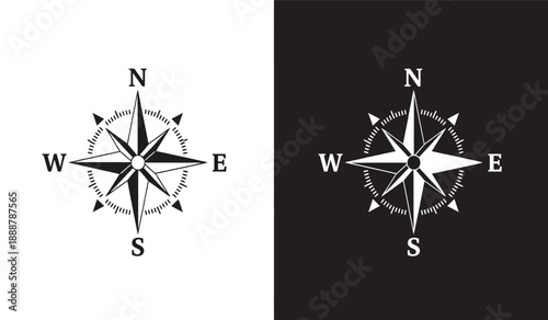 Compass navigation symbol with north south east and west directions and for design and travel concepts