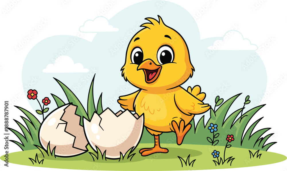 Fototapeta premium Chick hatching cartoon illustration, cheerful baby bird artwork, playful farm animal design, springtime character concept, Easter style, cute symbol