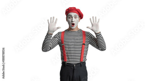 Mime with red beret and striped shirt in white gloves posing on transparent backdrop