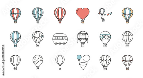 A collection of various hot air balloon icons in different shapes, colors, and patterns, including a heart and a train-like design.