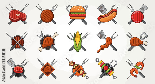 Collection of colorful flat design icons depicting various grilled foods and barbecue tools, perfect for menus or culinary themes.
