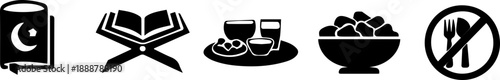 Ramadan Kareem icon set: Crescent, Quran, fasting symbol