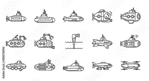 Collection of various line art submarine icons and underwater vehicles.