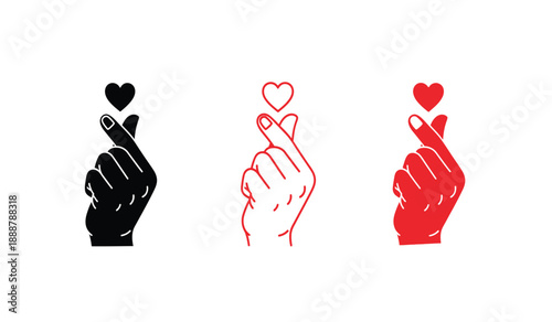 Three hands with hearts, symbolizing love and affection in black, red, and white colors on a pure