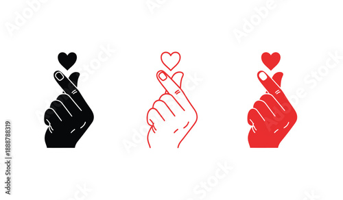 Hand gestures with heart symbols in black, white and red colors