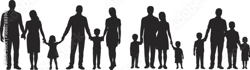 Silhouettes of families with children holding hands in different poses, minimalist parenting and childhood concept for family life, togetherness, love, and community design themes