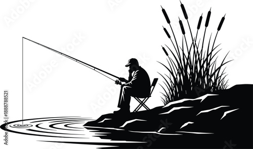 Fishing silhouette, seated fisherman, lakeside scene, black and white illustration, peaceful nature moment, ripples in water, cattail plants, outdoor recreation