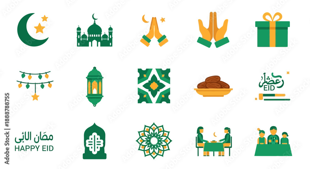 Fototapeta premium A collection of Islamic festive icons celebrating Eid, featuring Ramadan themes, mosques, lanterns, and traditional greetings, perfect for holiday designs