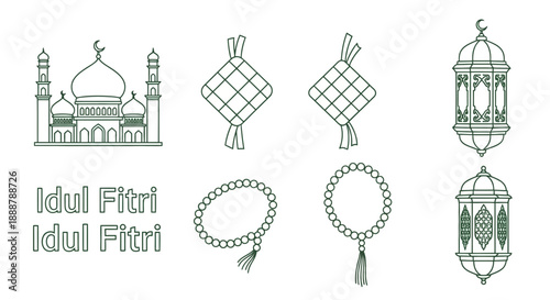 Eid al-Fitr Islamic cultural icons mosque, ketupat, prayer beads, and lanterns for celebration