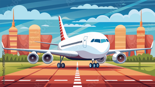 A sleek, white airplane taxiing on the runway with an airport terminal in the background, under a vibrant sky with scattered clouds, ready for takeoff in this colorful and modern illustration