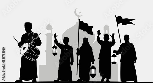 Silhouette of a joyful Islamic community procession celebrating a religious festival with traditional music and symbols, depicting cultural unity and festive spirit