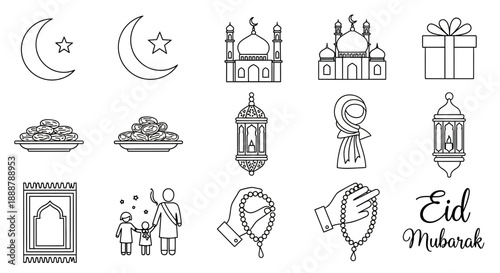 Set of Islamic icons celebrating Eid al-Fitr, Ramadan Kareem, and other religious holidays