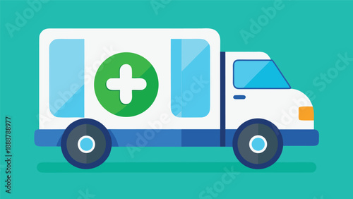 A vibrant illustration of a green and white ambulance truck with a medical cross symbol on the side, representing emergency services and healthcare, with a bright blue background for emphasis