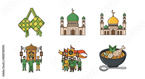 Vibrant vector icons depicting Islamic culture and festive traditions, featuring detailed mosques, traditional foods like ketupat, and lively celebratory parades for religious holidays