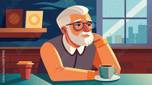 A thoughtful senior man with glasses, sitting at a table while enjoying a cup of coffee, lost in contemplation. The warm interior setting adds to the cozy and reflective mood