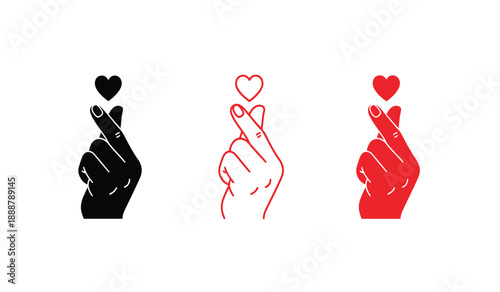 Three hands with hearts, black, red, and outlined in
