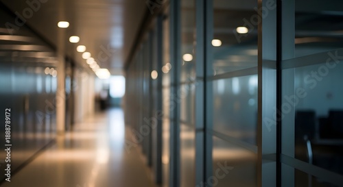 Modern office hallway with clear glass partitions and bright overhead lighting, creating a sleek and professional interior space ideal for corporate environments
